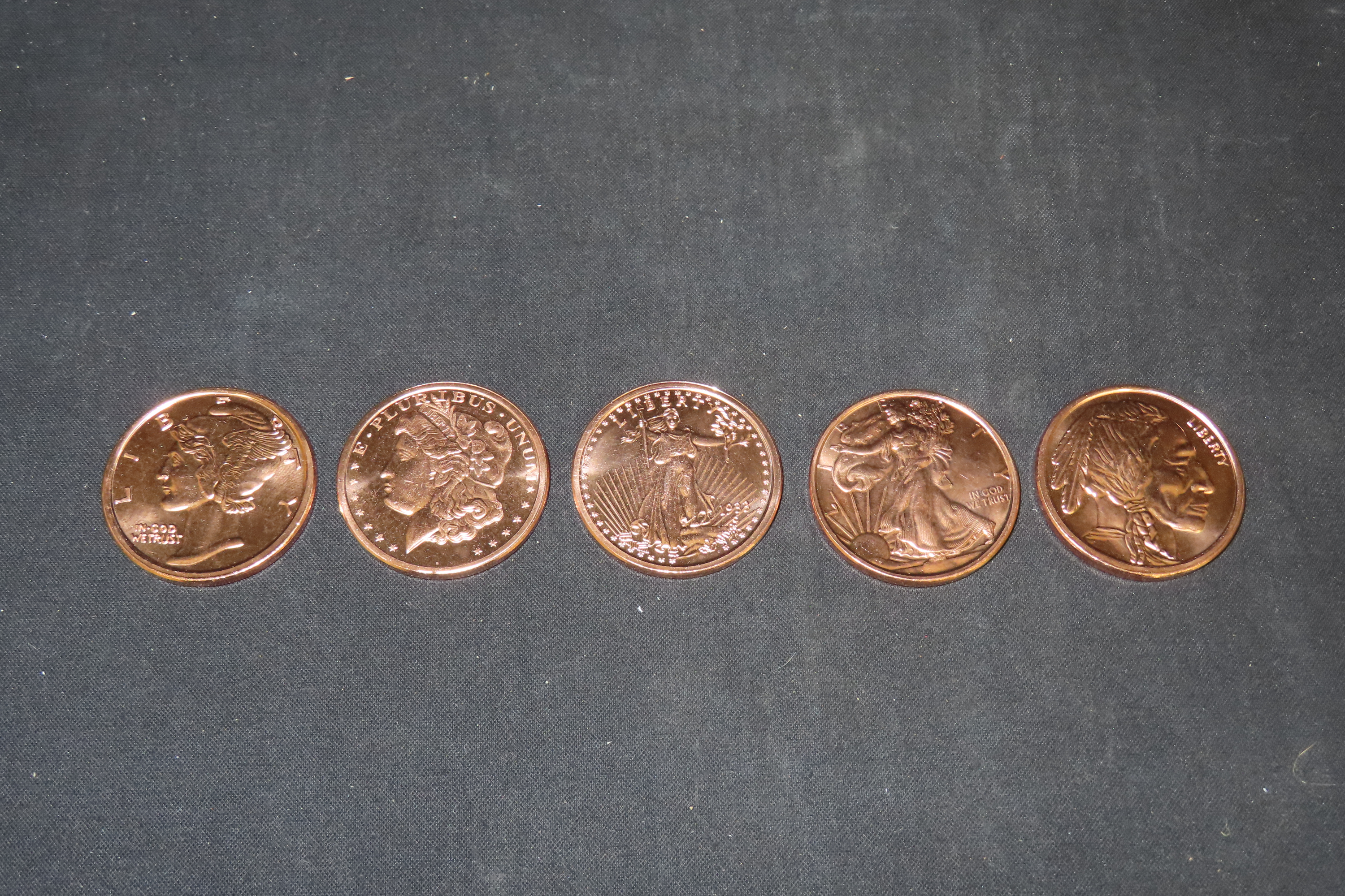 Lot of 6 One Ounce Copper Coins. All Different. Morgan Dollar, Peace Dollar, Mercury Dime, Buffalo Nickel, St Gaudens $20 Gold, Standing Lib