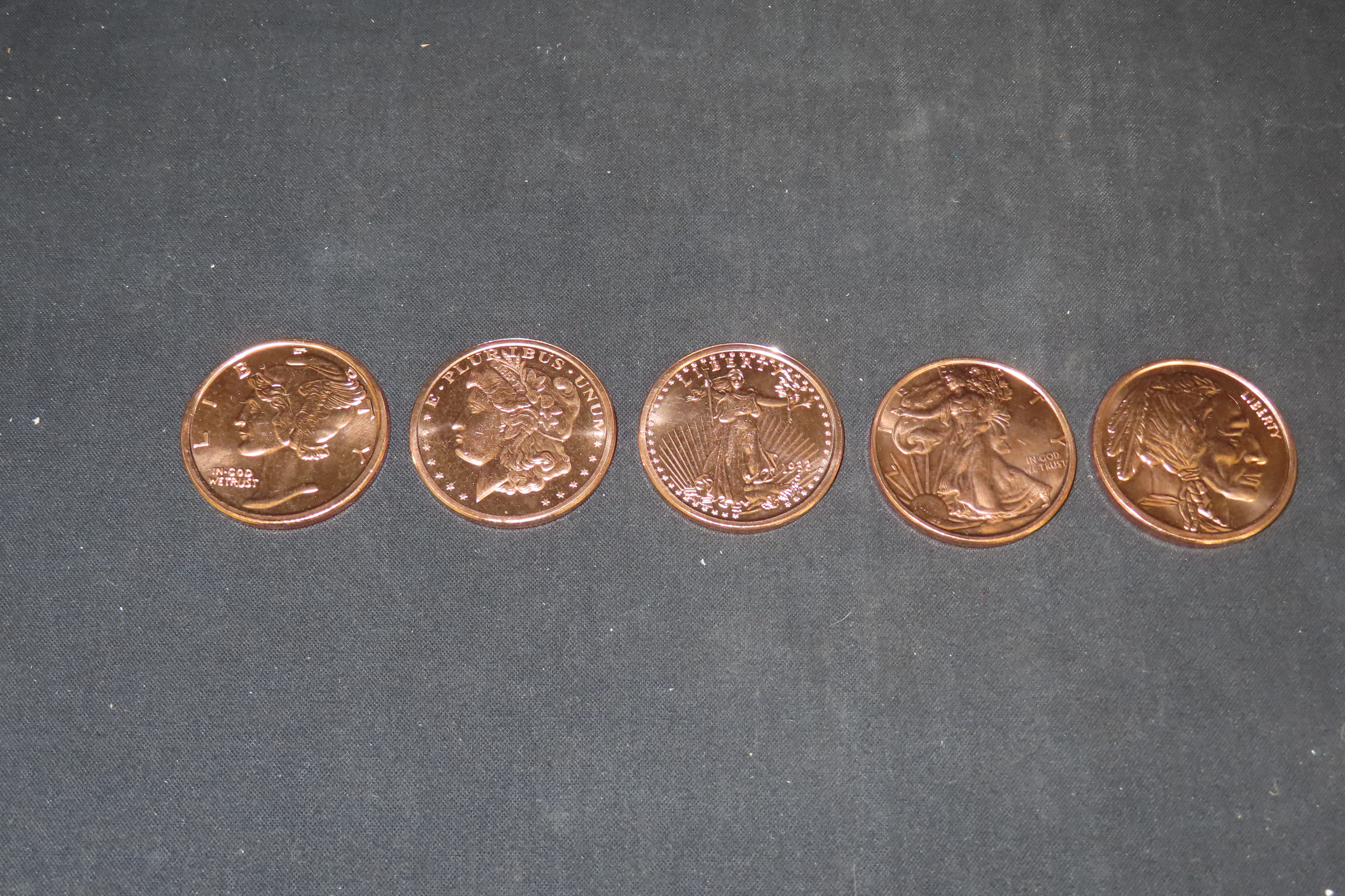 Lot of 6 One Ounce Copper Coins. All Different. Morgan Dollar, Peace Dollar, Mercury Dime, Buffalo Nickel, St Gaudens $20 Gold, Standing Lib