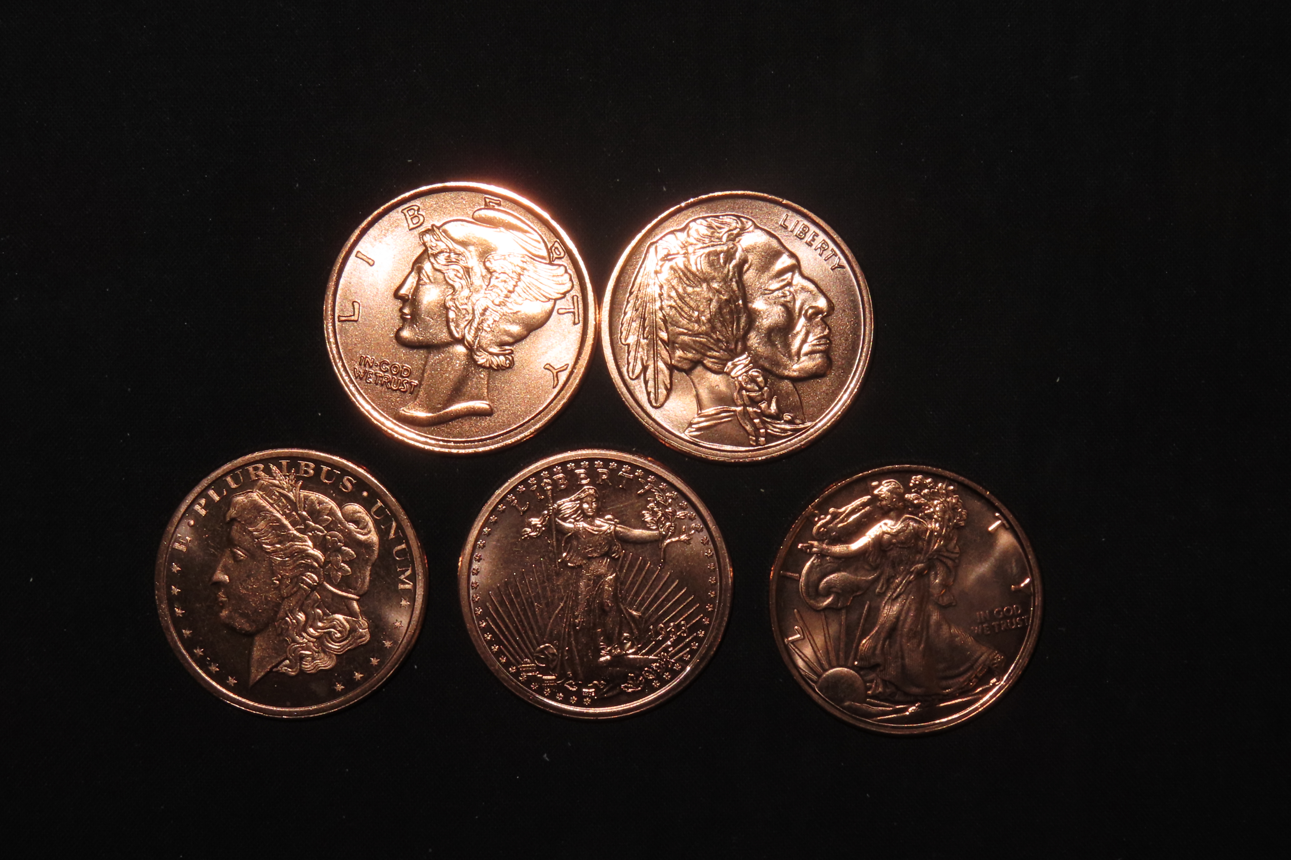 Lot of 6 One Ounce Copper Coins. All Different. Morgan Dollar, Peace Dollar, Mercury Dime, Buffalo Nickel, St Gaudens $20 Gold, Standing Lib