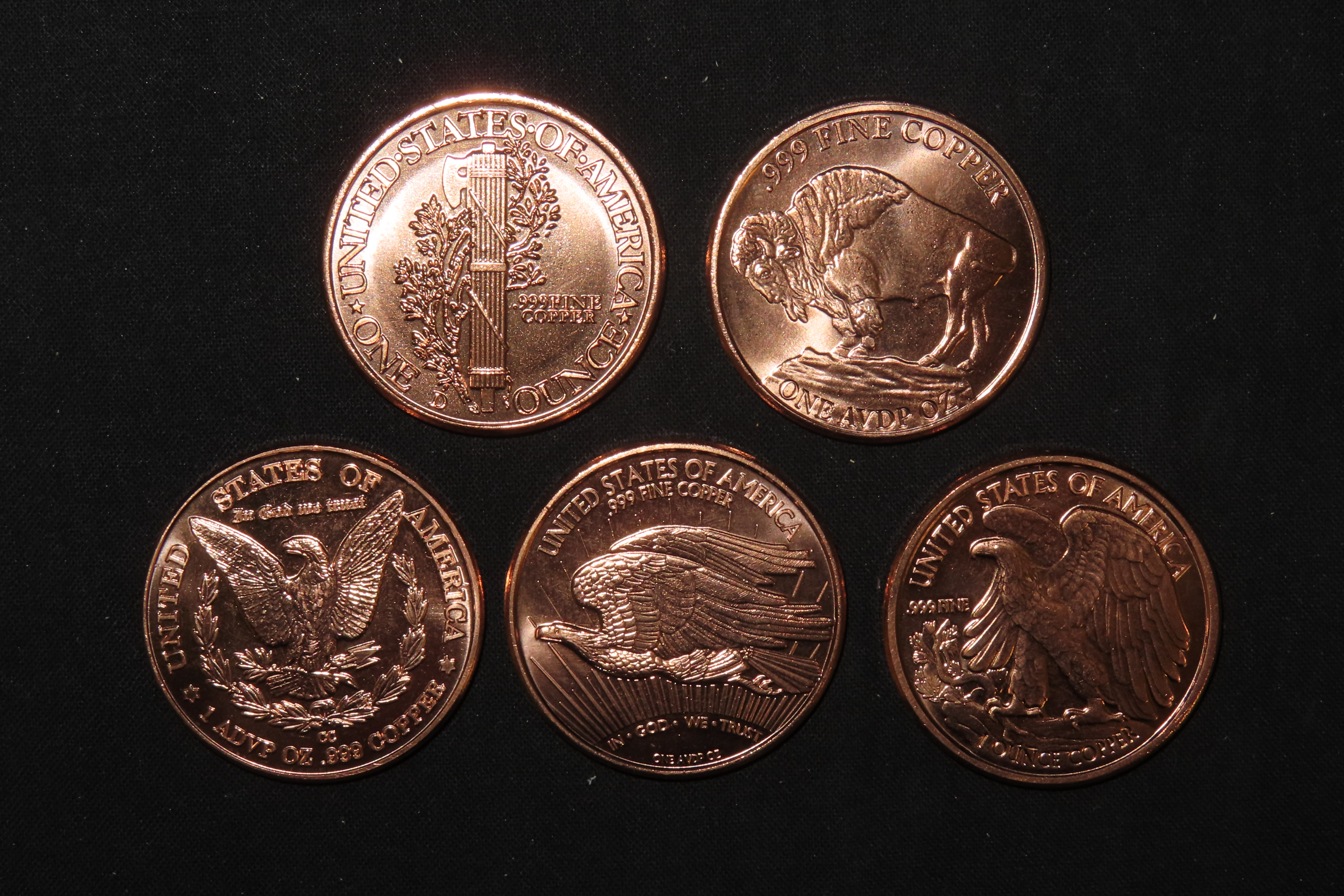 Lot of 6 One Ounce Copper Coins. All Different. Morgan Dollar, Peace Dollar, Mercury Dime, Buffalo Nickel, St Gaudens $20 Gold, Standing Lib