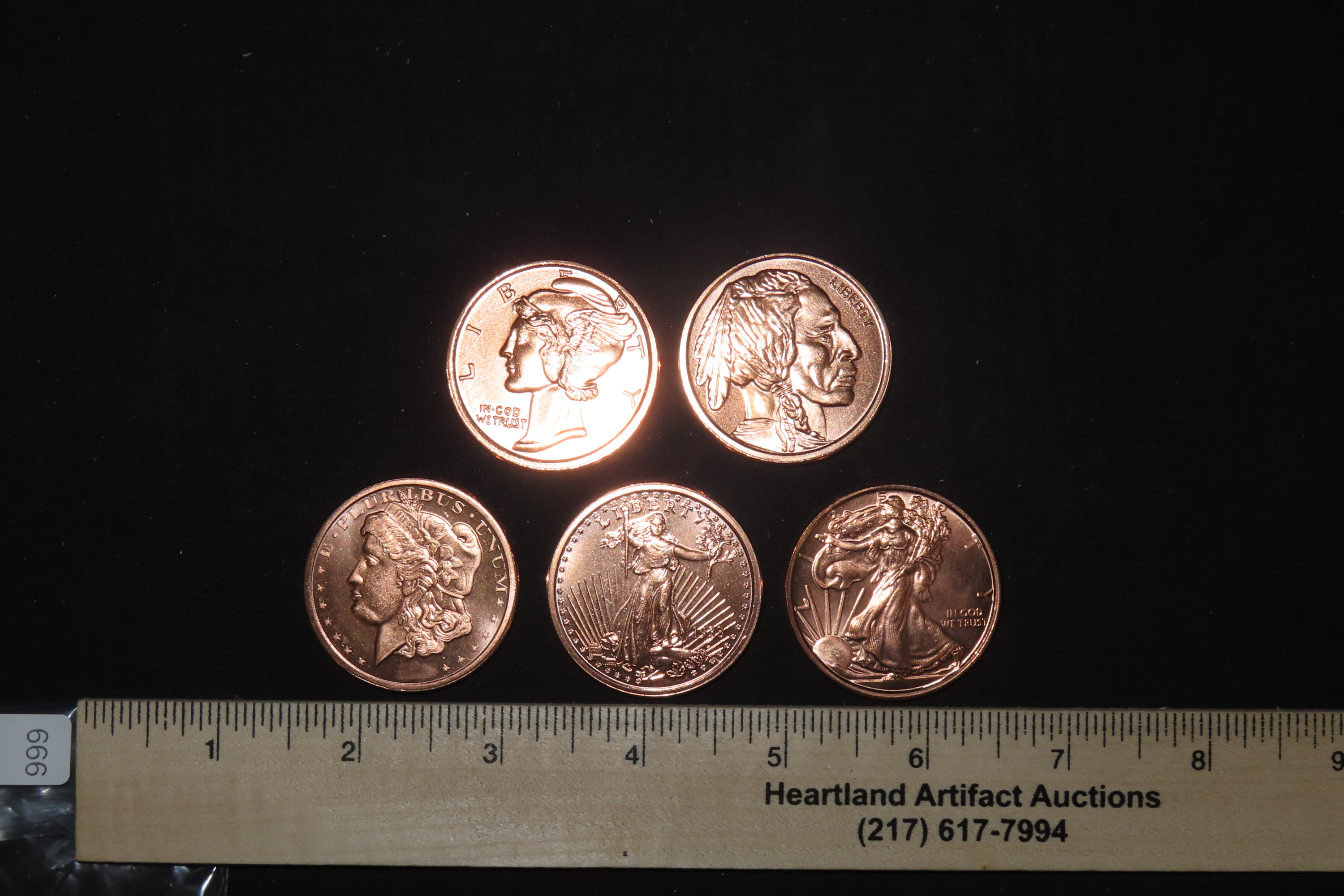 Lot of 6 One Ounce Copper Coins. All Different. Morgan Dollar, Peace Dollar, Mercury Dime, Buffalo Nickel, St Gaudens $20 Gold, Standing Lib