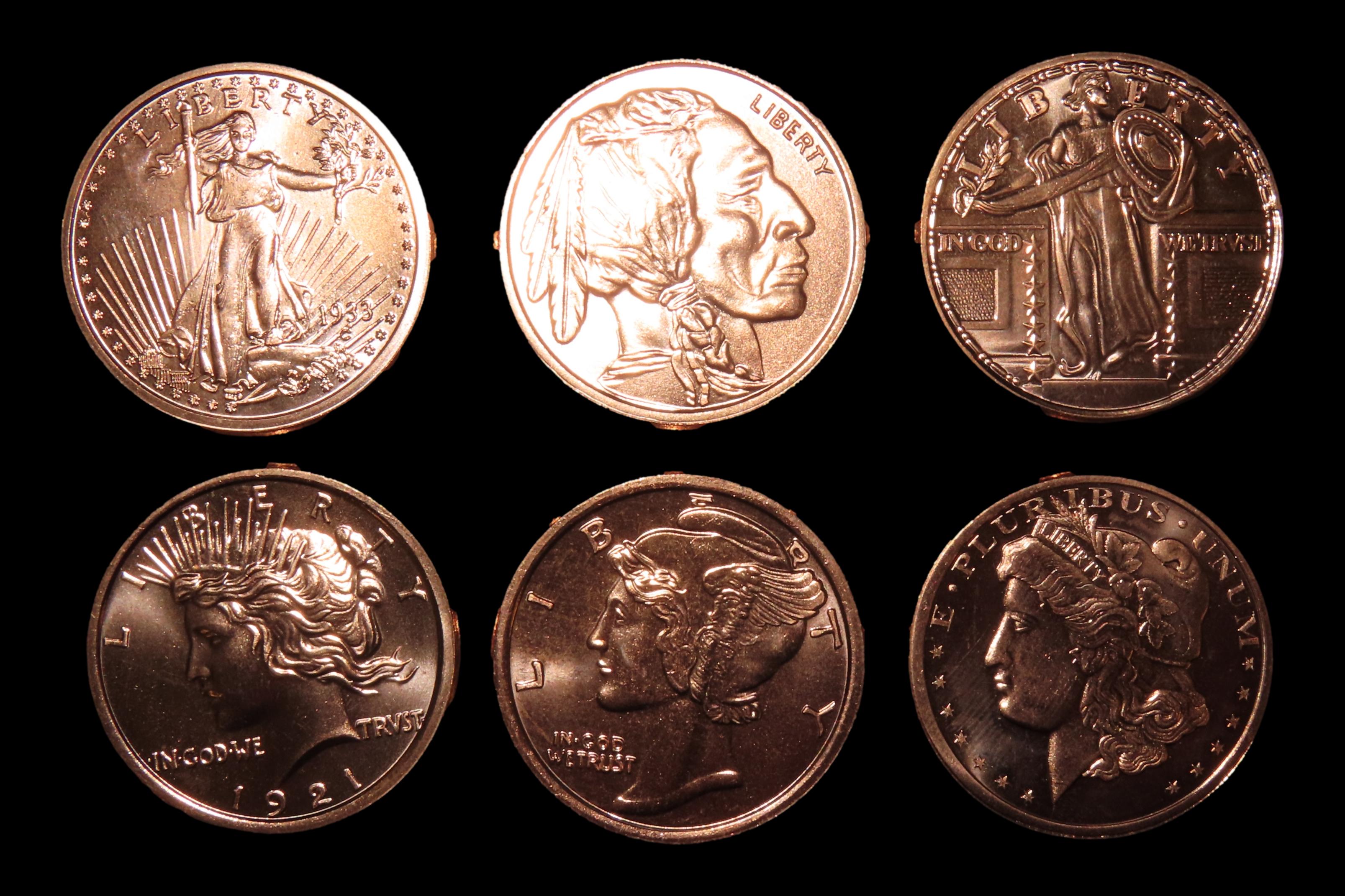 Lot of 5 One Ounce Copper Coins. All Different. Morgan Dollar, Peace Dollar, Mercury Dime, Buffalo Nickel, St Gaudens $20 Gold, Standing Lib