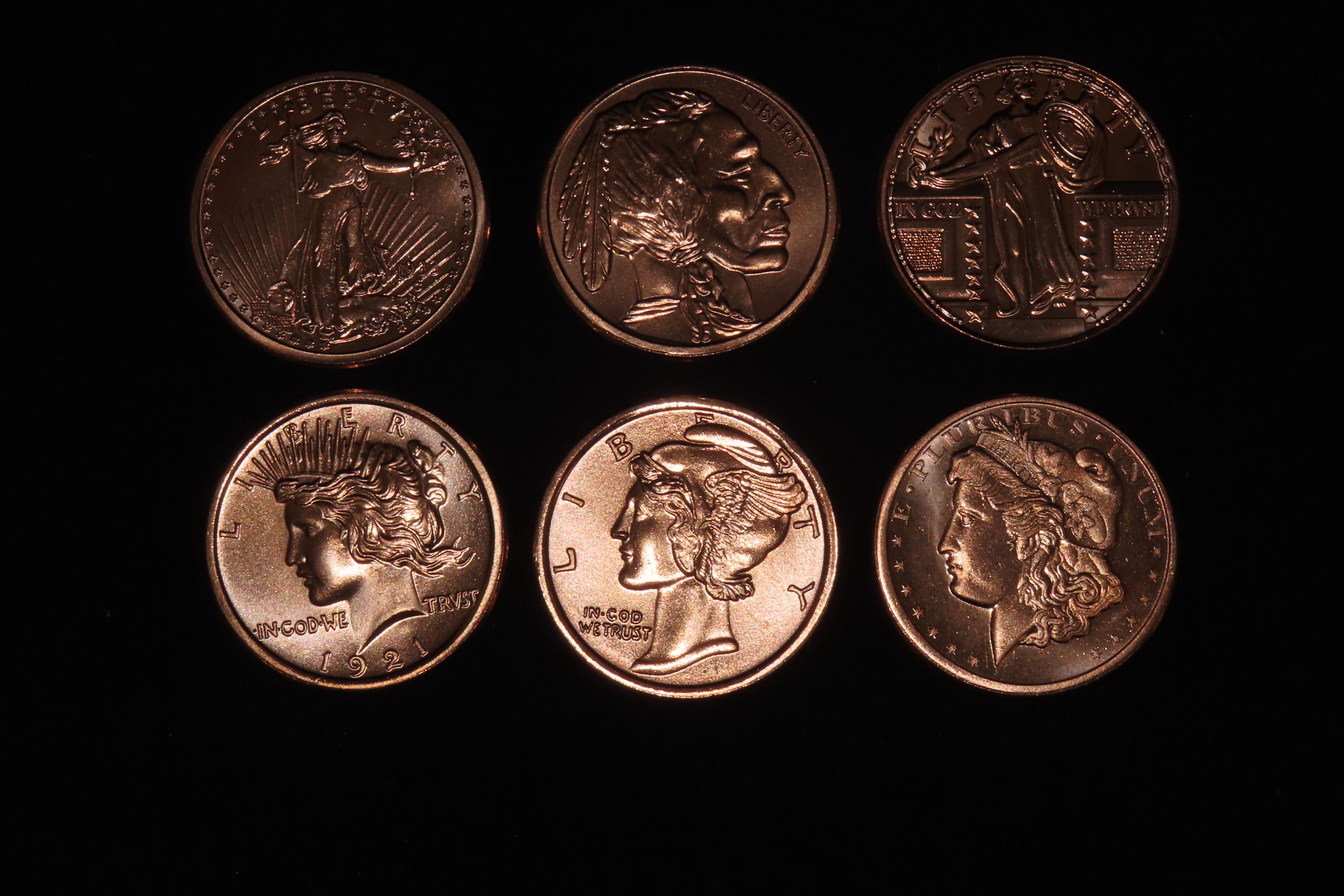 Lot of 5 One Ounce Copper Coins. All Different. Morgan Dollar, Peace Dollar, Mercury Dime, Buffalo Nickel, St Gaudens $20 Gold, Standing Lib