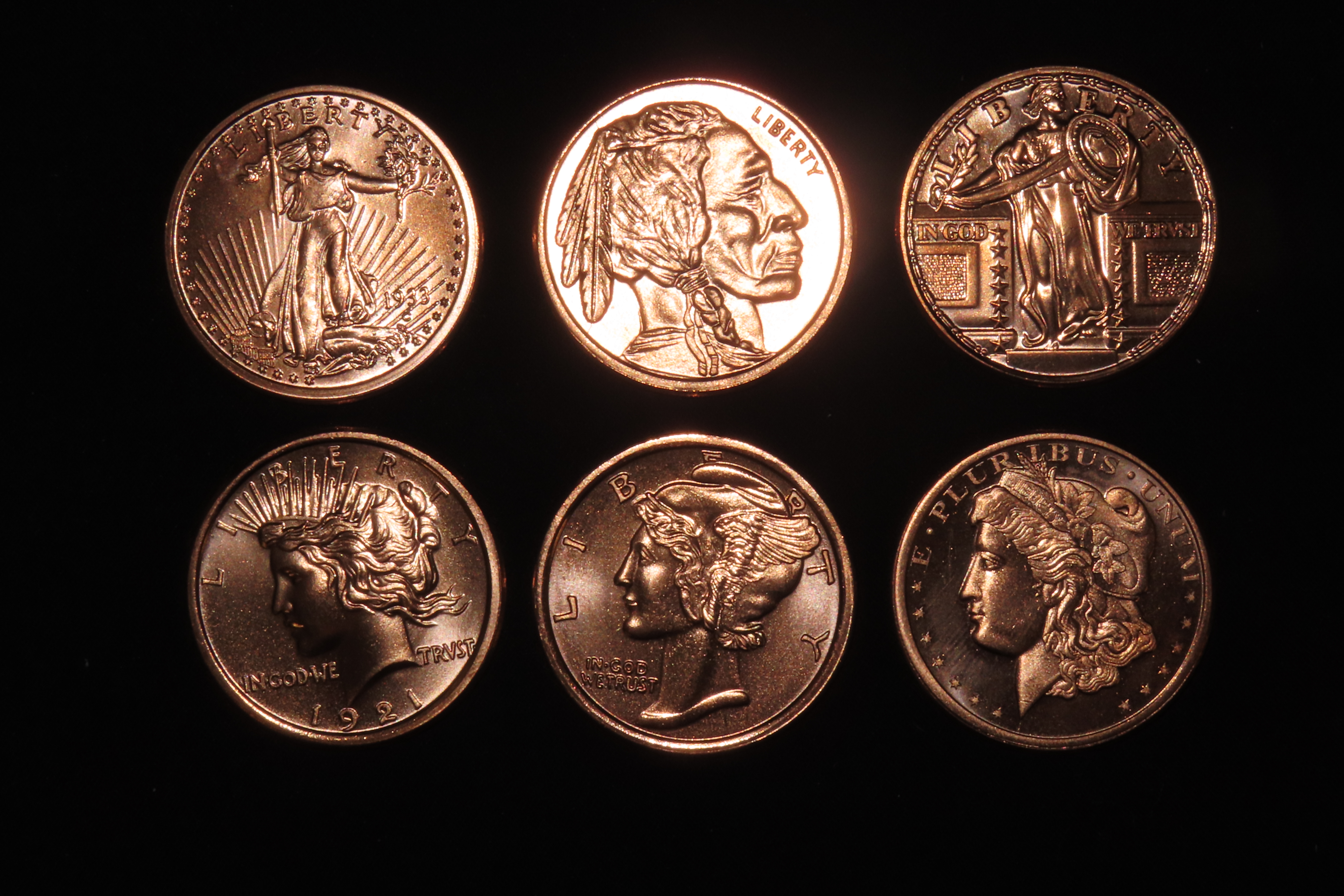 Lot of 5 One Ounce Copper Coins. All Different. Morgan Dollar, Peace Dollar, Mercury Dime, Buffalo Nickel, St Gaudens $20 Gold, Standing Lib