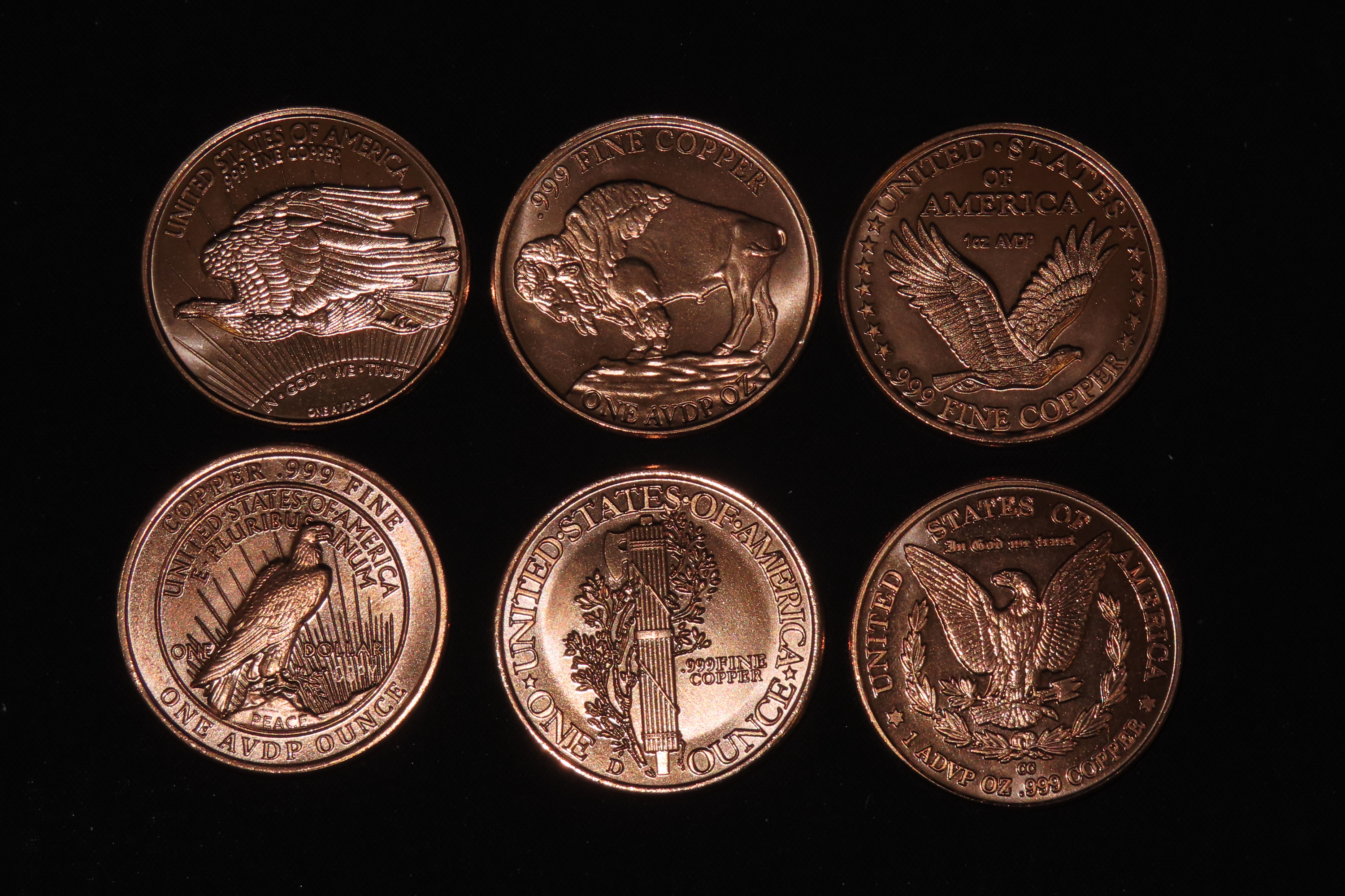 Lot of 5 One Ounce Copper Coins. All Different. Morgan Dollar, Peace Dollar, Mercury Dime, Buffalo Nickel, St Gaudens $20 Gold, Standing Lib