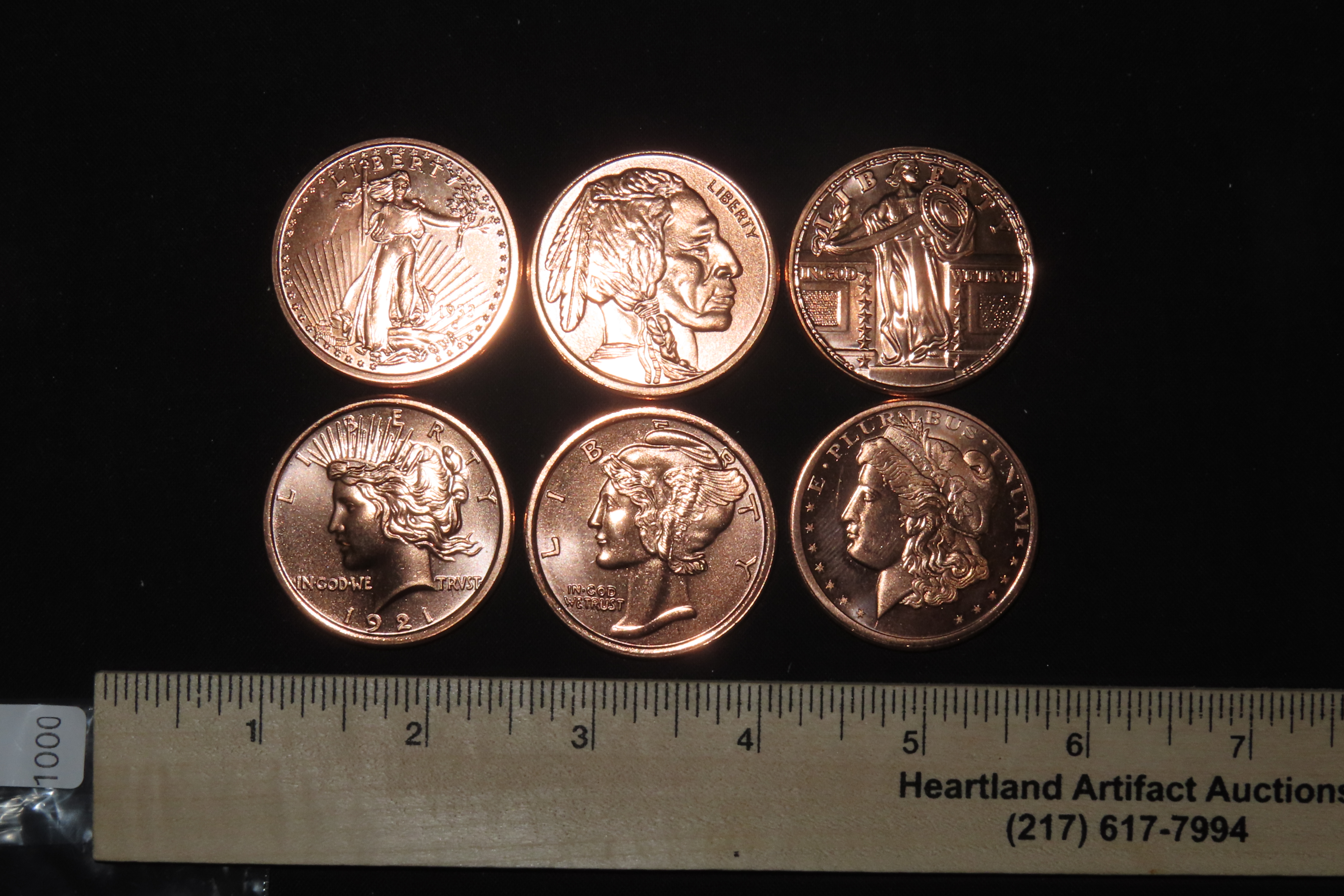 Lot of 5 One Ounce Copper Coins. All Different. Morgan Dollar, Peace Dollar, Mercury Dime, Buffalo Nickel, St Gaudens $20 Gold, Standing Lib