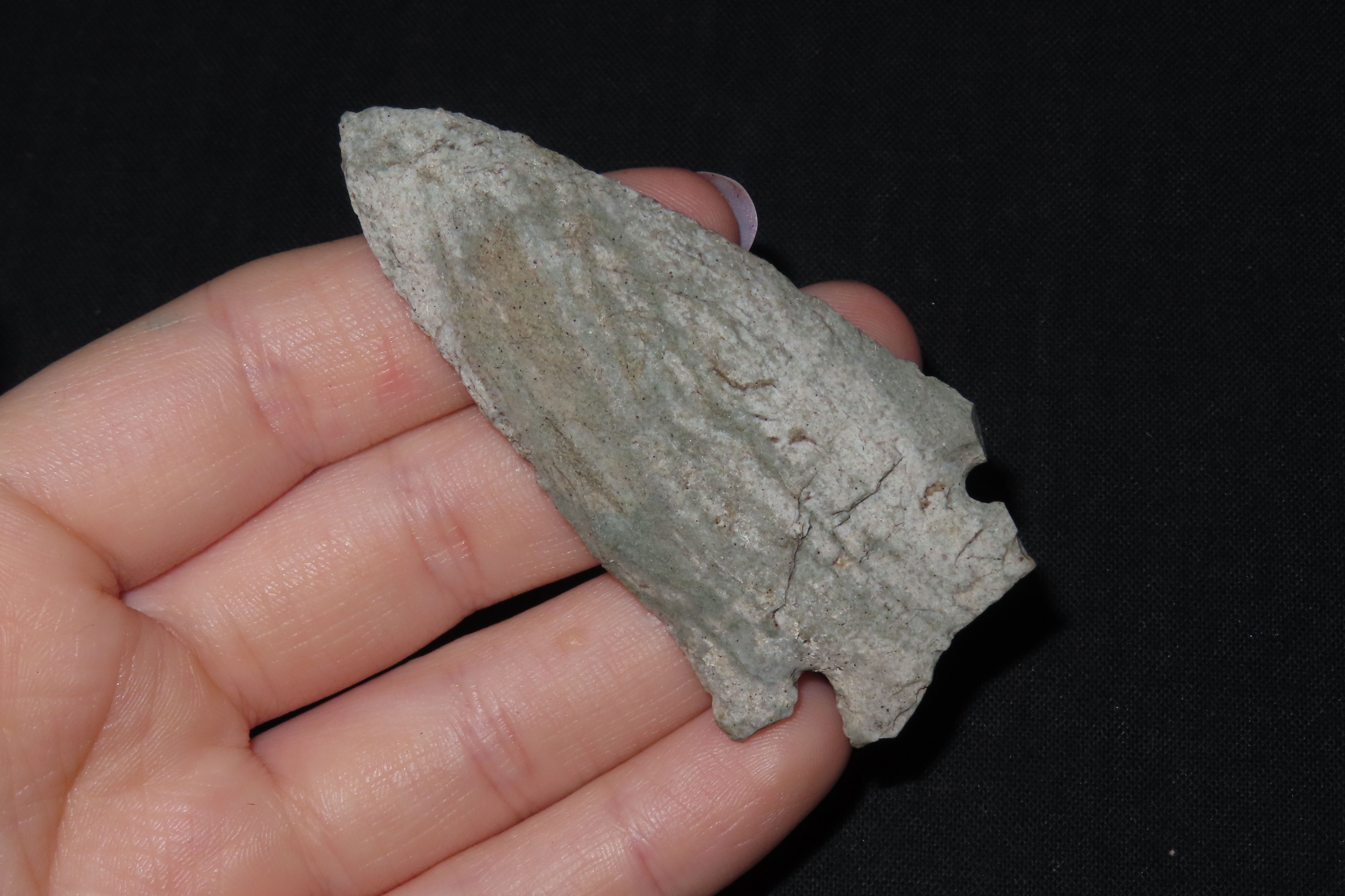 2 3/4" Corner Notch Point, Indiana Green Chert, Found in Central Indiana