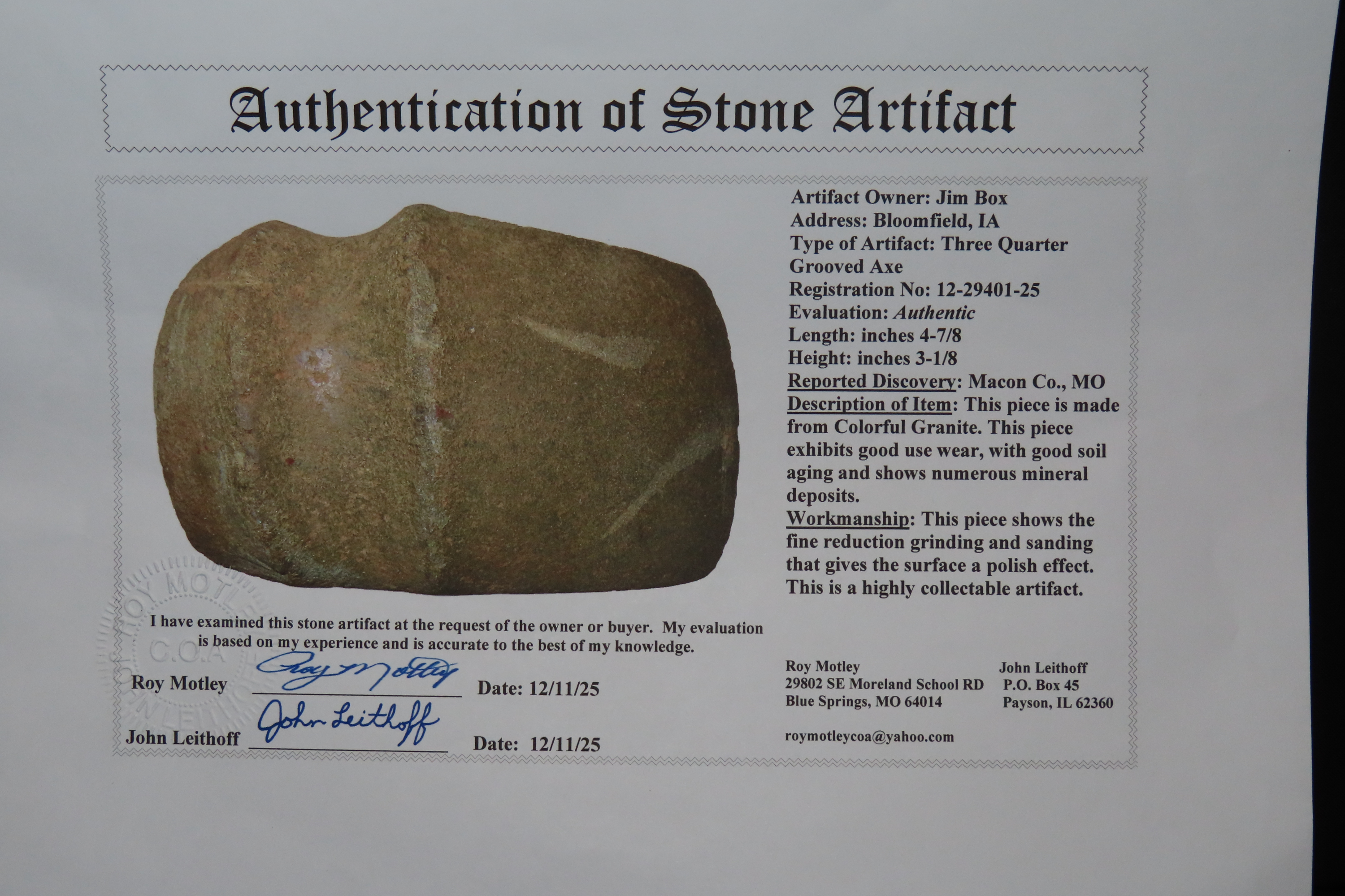 4 7/8" Three Quarter Grooved Axe, Motley & Leithoff COA, Macon Co., Missouri