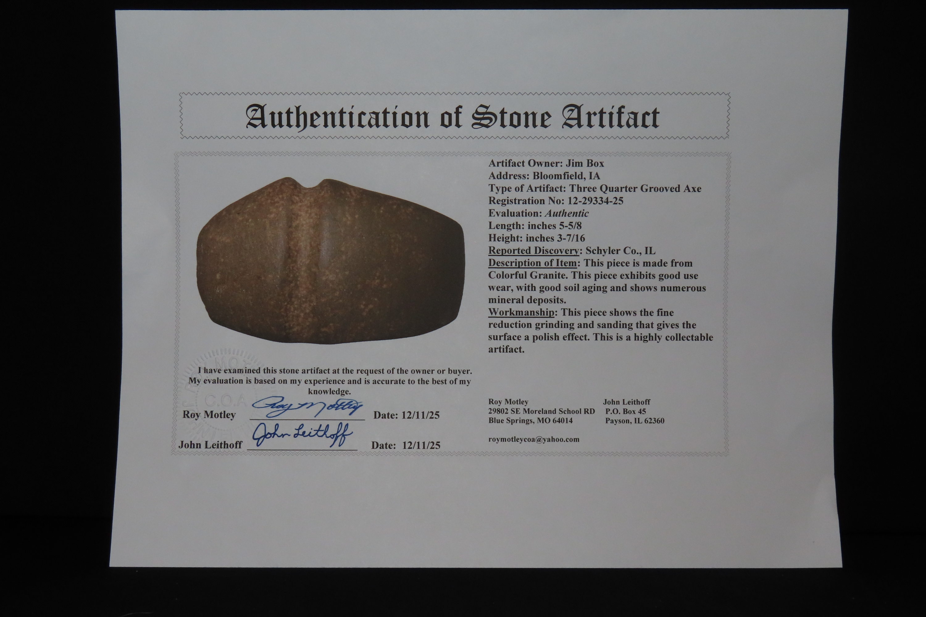 5 5/8" Three Quarter Grooved Axe, Motley & Leithoff COA, Schuyler Co., Illinois