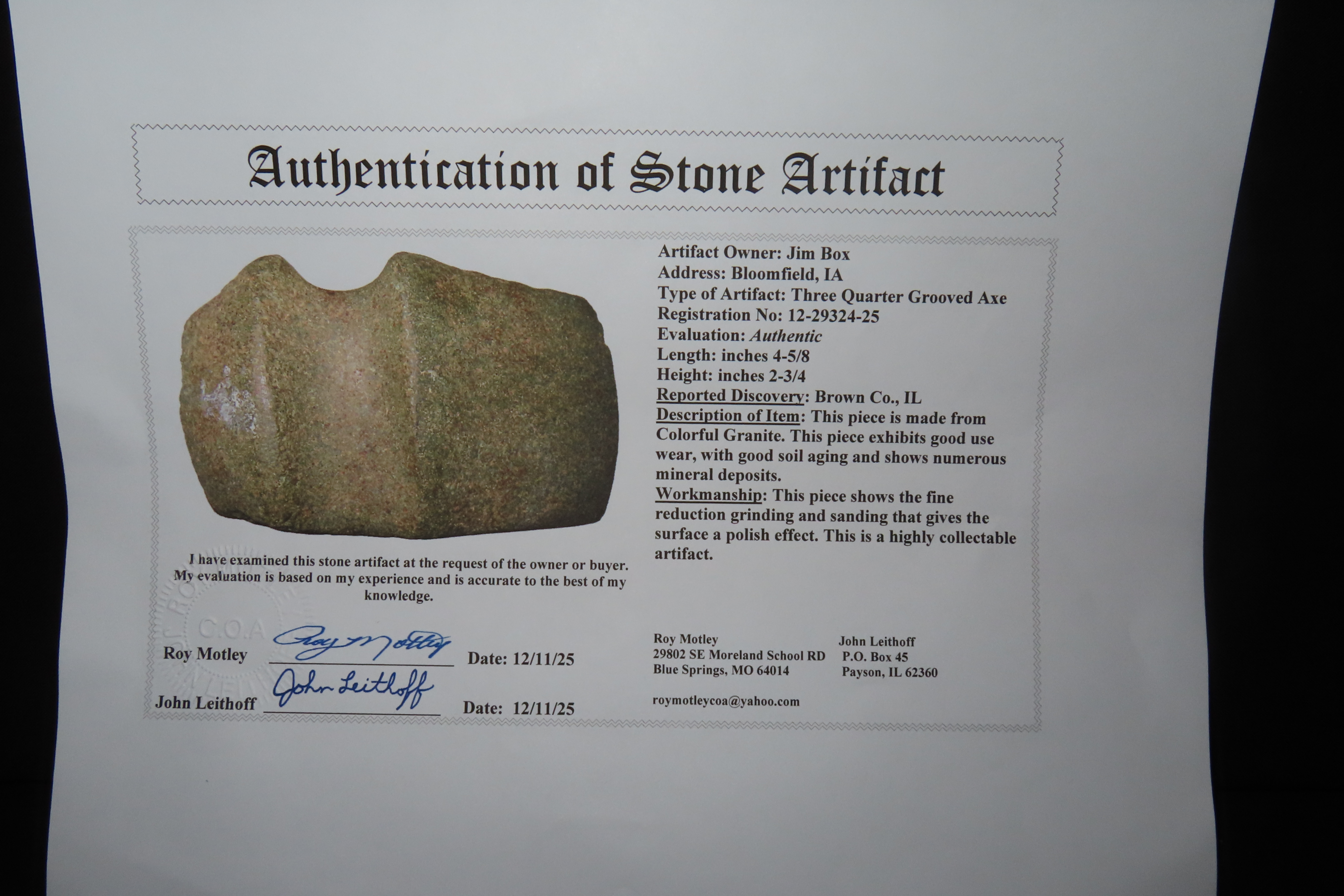 4 5/8" Three Quarter Grooved Axe, Motley & Leithoff COA, Brown Co., Illinois