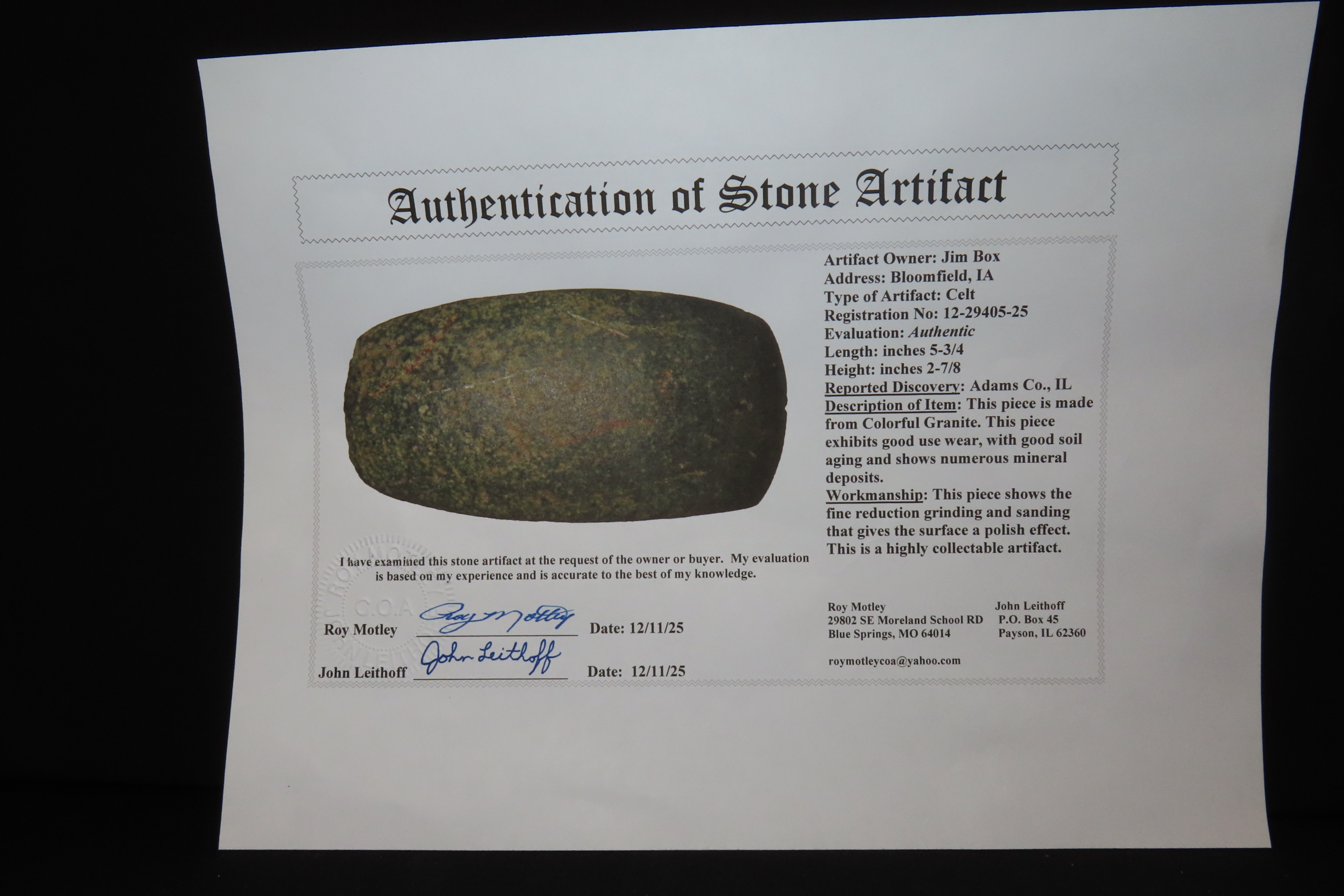 5 3/4" Celt, Motley & Leithoff COA, Adams Co., Illinois