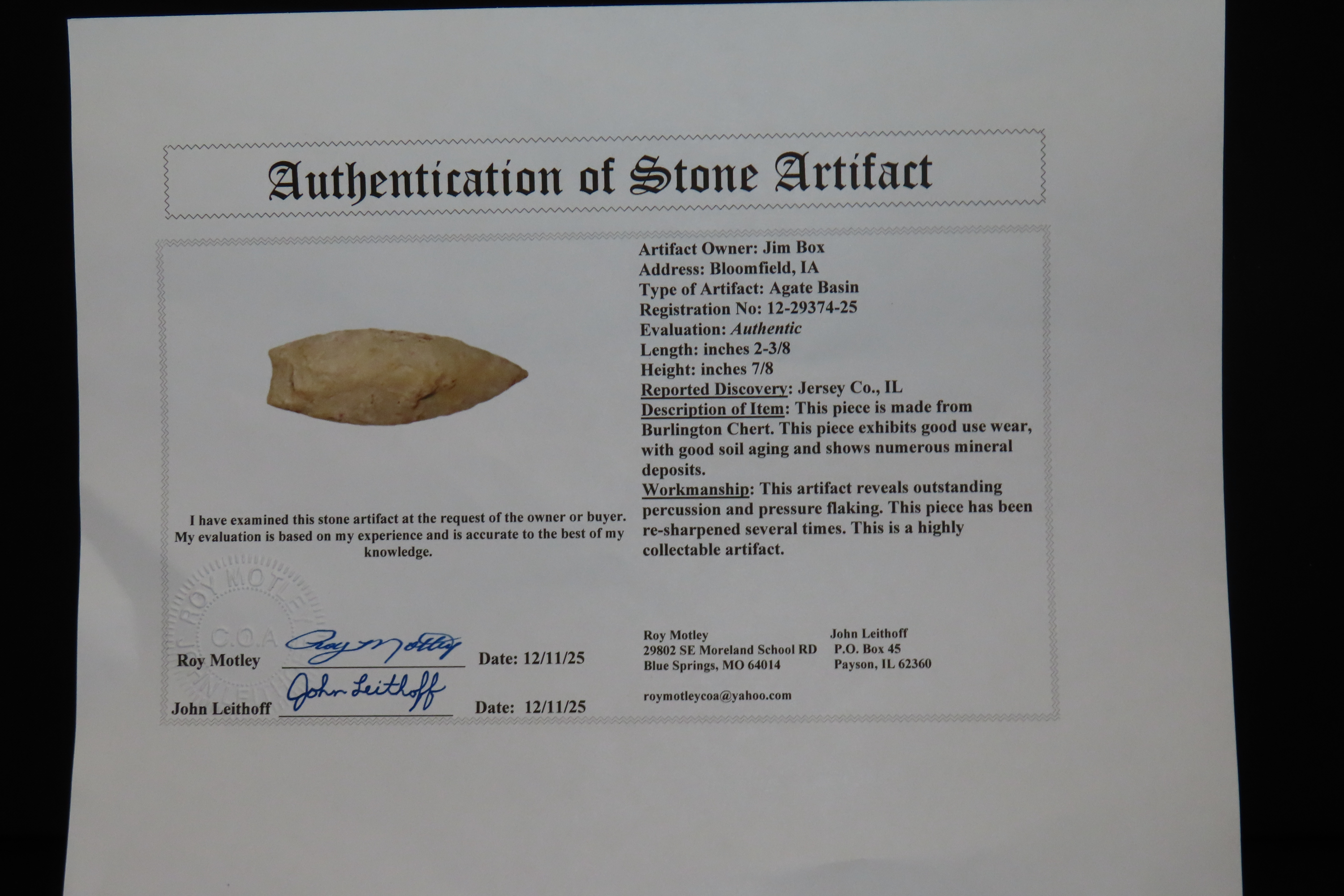 2 3/8" Agate Basin, Motley & Leithoff COA, Jersey Co., Illinois