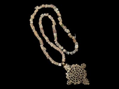 14" Historic Trade Beads with Copper Cross, From Michigan Estate