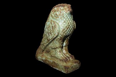 2 1/2" x 1 7/8" Ancient Egyptian Falcon Amulet of Horus, Faience, Late Period to Ptolemaic 