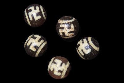 Lot of 5 Himalayan and Tibetan Spiritual Swastika Beads, Left-Facing and Right-Facing, Etched 