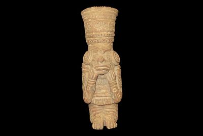 8" Pre-Columbian-Style Aztec Human Effigy Pottery Vessel, Mexico, Heavily Decorated Warrior or 