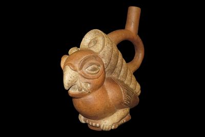 8" Pre-Columbian-Style Moche Bird Effigy Stirrup Bottle, Peru