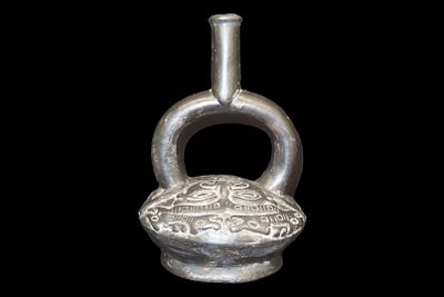 8 1/4" Moche-Style Human & Serpent Effigy Stirrup Bottle, Peru