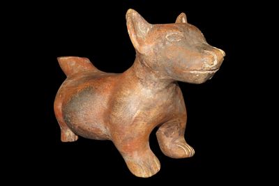 12" Pre-Columbian-Style Colima Dog Effigy Bottle, Mexico, Restoration to Back Legs and Spout