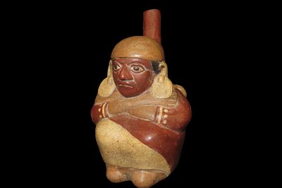 8" Pre-Columbian-Style Moche Human Effigy Stirrup Bottle, Peru