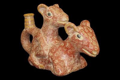 9 3/4" Pre-Columbian-Style Moche Dual Llama Effigy Stirrup Bottle, Peru