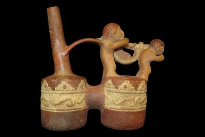 8 1/4" Tall x 9" Long Pre-Columbian-Style Moche Human and Monkey Effigy Stirrup Bottle, Peru