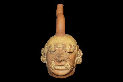 10" Pre-Columbian-Style Moche Human / Jaguar Transformation Effigy Stirrup Bottle, Peru
