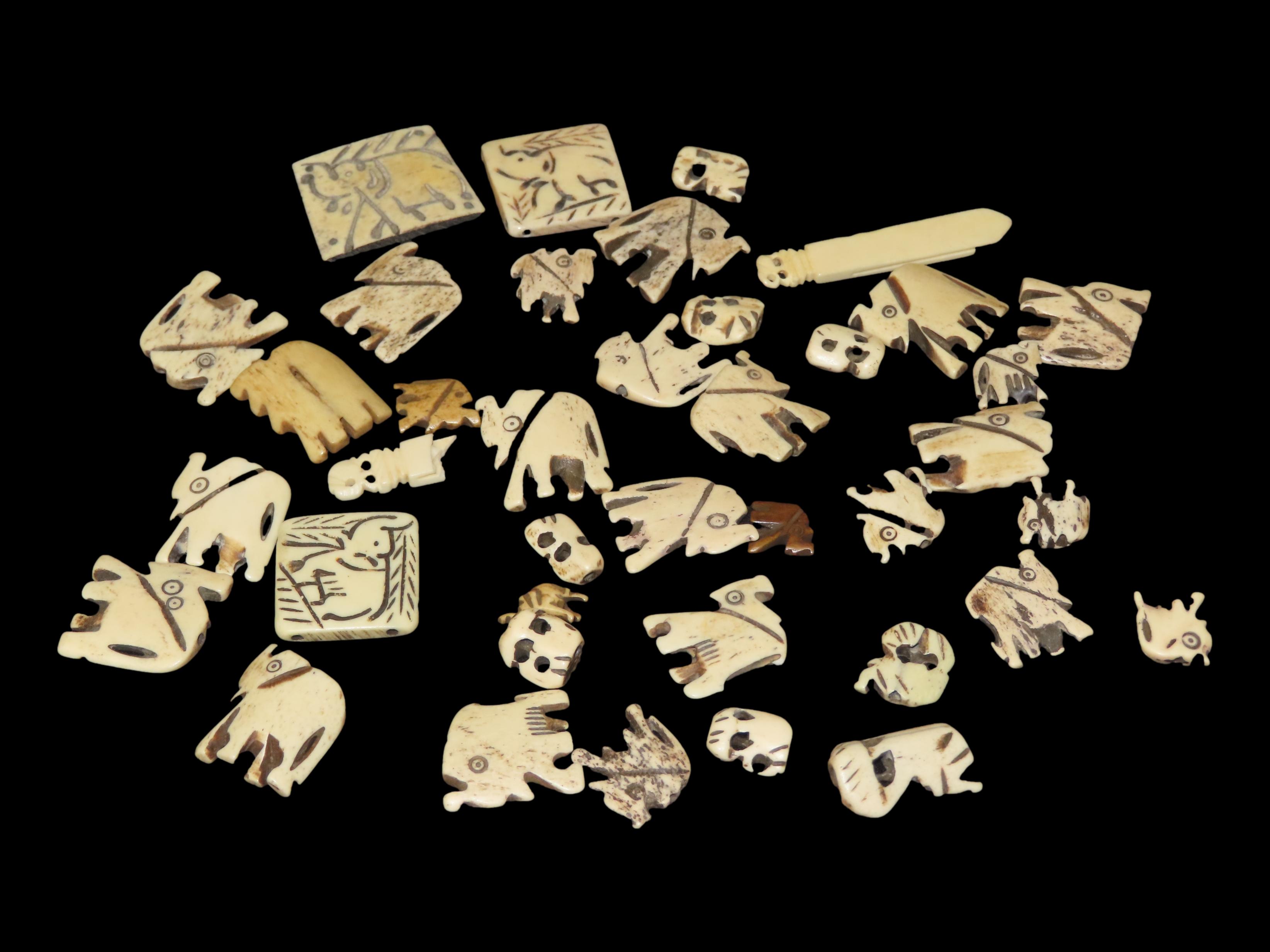 Large Lot of Hand-Carved Bone Elephant Effigy Beads / Pendants / Charms