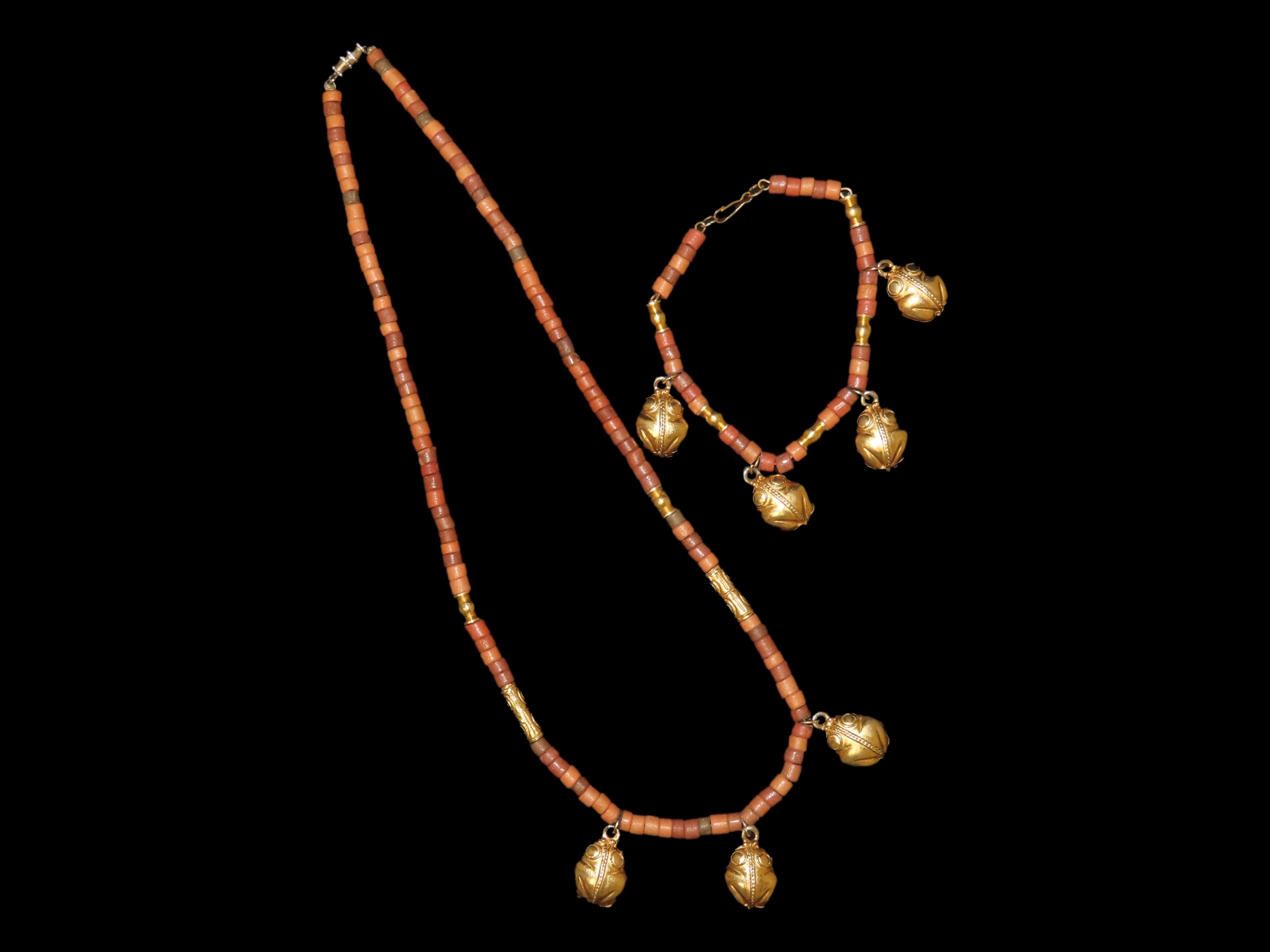 Pre-Columbian Taino-Style Beaded Necklace & Bracelet with Numerous Gold-Plated Frog Charms & Effigy Beads