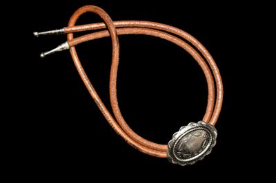 14 3/4" Native American Bolo Tie Brass Silver Plated Decorated Piece