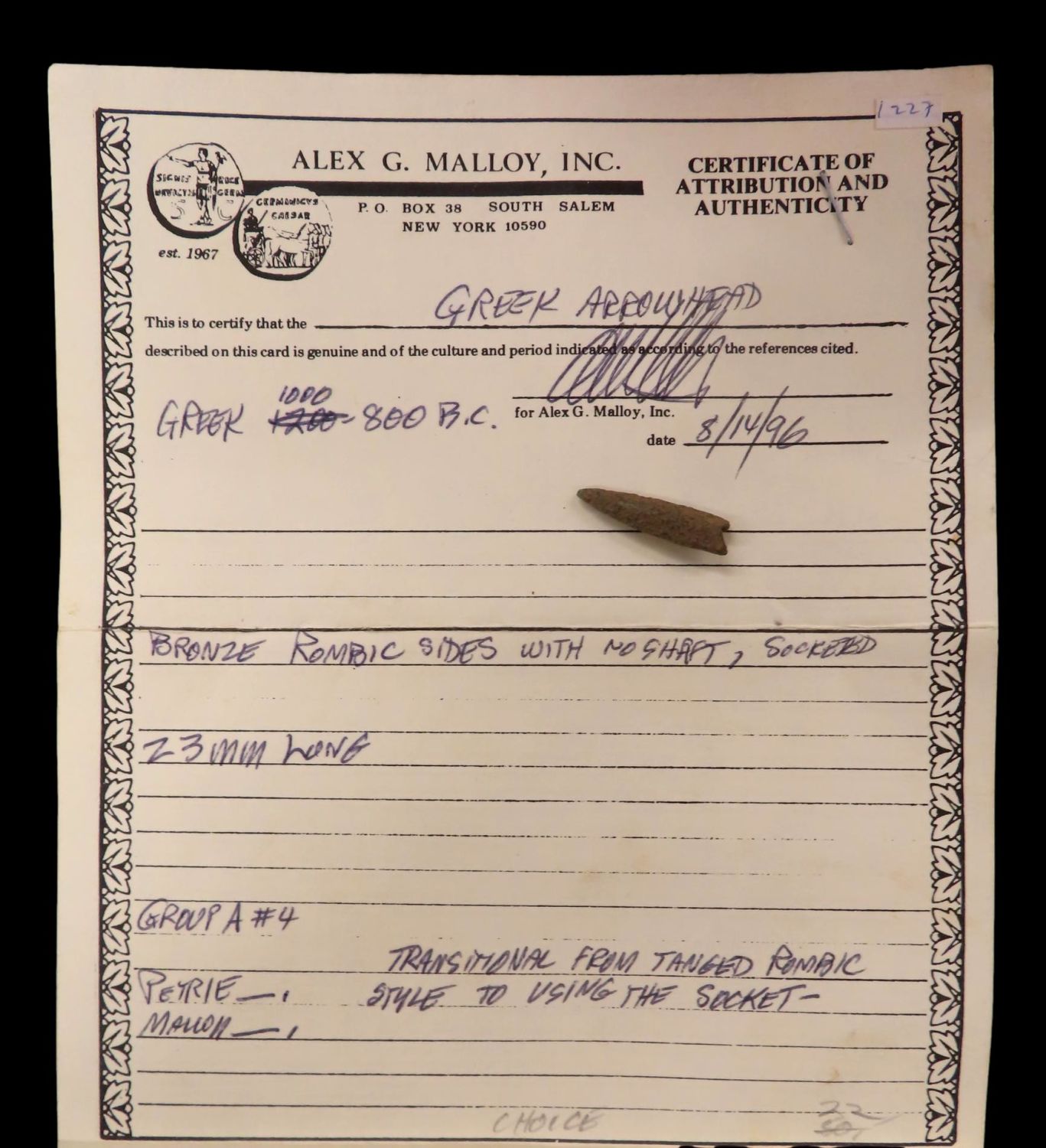 Lot 136 Greek Bronze Arrowhead comes with COA from Alex G. Malloy