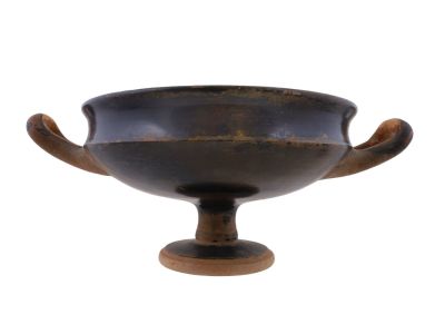 AN ANCIENT GREEK BLACK-GLAZED KYLIX, CA. 5TH CENTURY BC. An ancient Greek, black-glazed kylix of