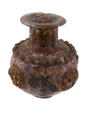 A LATE ROMAN/BYZANTINE GLASS BOTTLE, CA. 4TH OR 5TH CENTURY AD. A glass bottle possibly from the
