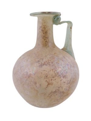 A SMALL ROMAN GLASS 'UNGUENTARIUM' WITH HANDLE, CA. 2ND OR 3RD CENTURY AD. A small glass