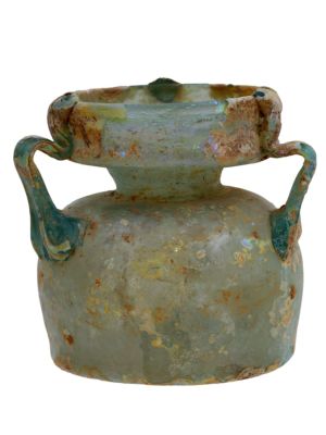 A THREE-HANDLED ROMAN GLASS BOTTLE, CA. 2ND-3RD CENTURY AD. A Roman bottle of light-blue glass