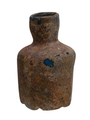 A ROMAN BLUE GLASS OIL BOTTLE, CA. 4TH CENTURY AD. This is a Roman blue glass oil bottle dating