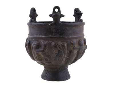 A BYZANTINE BRONZE LAMP, CA. 6TH-10TH CENTURY AD. A bronze hanging lamp or censer of possible