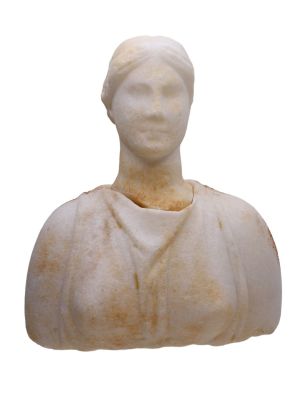 A HELLENISTIC MARBLE BUST, CA. 100 BC - 100 AD. An interesting marble bust of a robed woman with
