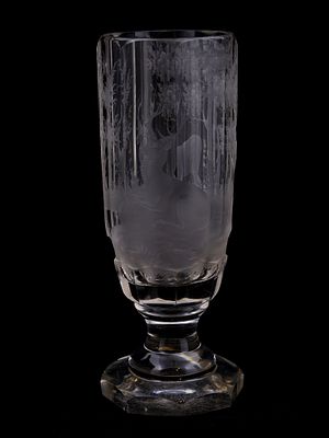 AN ENGRAVED BOHEMIAN FACETED 'SPA' GLASS BEAKER, CA. 1880. Probably of the Bohemian origin a 