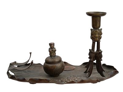 A JAPANESE MEIJI ERA COPPER TRAY WITH INKWELL AND CANDLESTICK. Japanese copper inkwell set 