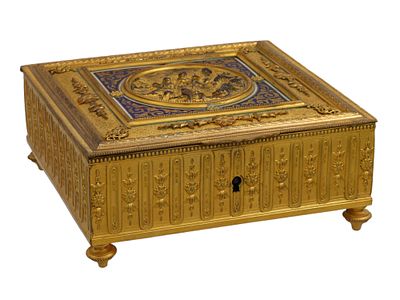 A FINELY DECORATED GILT-BRONZE BOX WITH BLUE ENAMEL, FRANCE, 19TH CEN. This gilt-bronze box is 