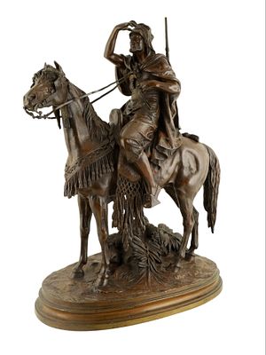A FERDINAND PAUTROT, FRENCH 1832-1874, ARAB MAN ON HORSEBACK. A patinated bronze sculpture 