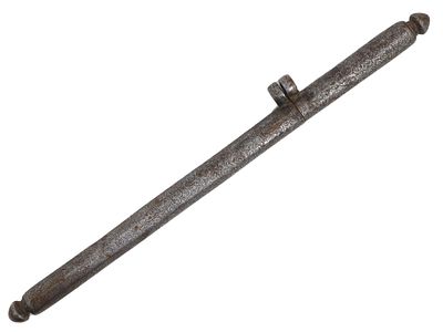 AN ENGRAVED TIBETAN IRON PEN CASE, 17TH C. Tibetan cylindrical pen case made of forged iron. It 