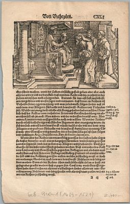 1550 ENGRAVING ANTIQUE JUSTINUS GOBLER DER RECHTEN SPIEGEL LAW BOOK 16TH CENT. WOODCUT ENGRAVING 