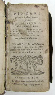 1566 PINDARI OLYMPIA VELLUM BOUND ANTIQUE PINDARUS GREEK & LATIN POETRY. PINDARI 
OLYMPIA 