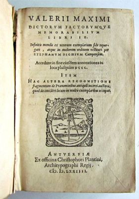 1575 PLANTIN PUBLISHING VALERIUS MAXIMUS VELLUM ANTIQUE 16TH CENTURY. VALERIUS MAXIMUS 
Dictorum 