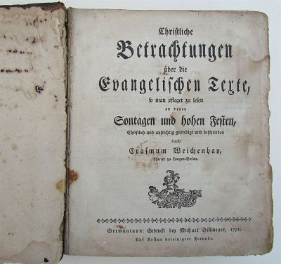 1791 GERMANTON PA ANTIQUE CHRISTLICHE BETRACHTUNGEN UBER DIE EVANGELISCHEN TEXTE. CHRISTLICHE 