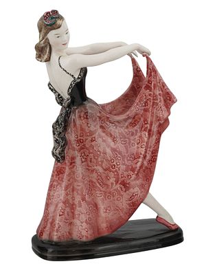 A PORCELAIN FIGURE OF A DANCING GIRL BY H. LIEDHOFF FOR GOLDSCHEIDER, C. 1960S. A striking