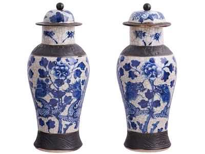 A PAIR OF LIDDED CHINESE CRACKLEWARE VASES, 19TH CEN. A pair of Chinese porcelain vases with