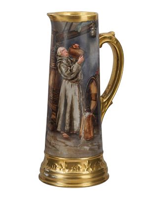 A T&V LIMOGES HAND-PAINTED BEER JUG BY H.M. FERGUSON, DATED 1901. A tall porcelain beer jug with